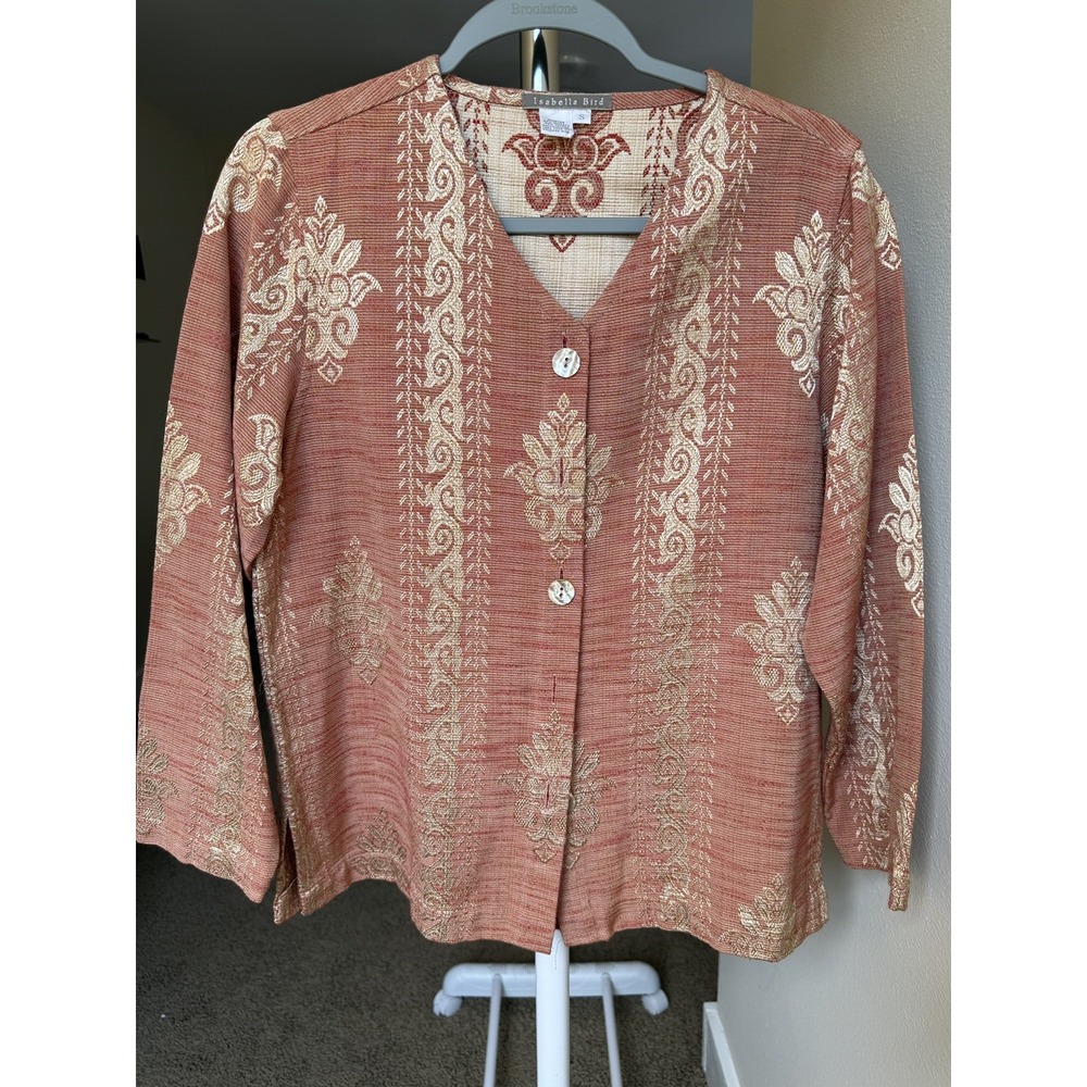 Isabella Bird Terracotta Metallic Gold Damask Jacquard Button Front Jacket Sz S